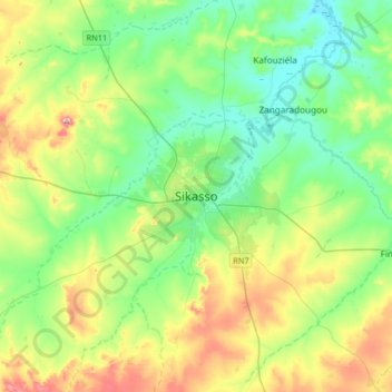 Mapa topográfico Sikasso, altitud, relieve