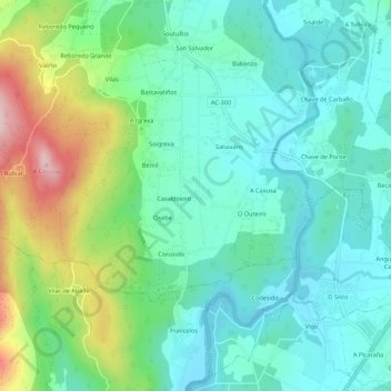 Mapa topográfico Romarís, altitud, relieve