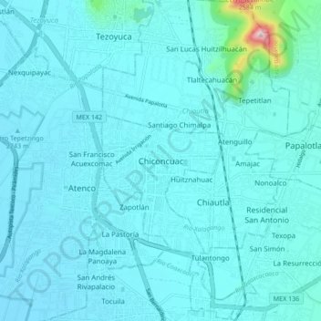 Mapa topográfico Chiconcuac, altitud, relieve