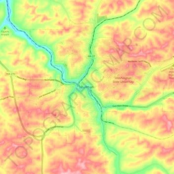 Mapa topográfico Pullman, altitud, relieve