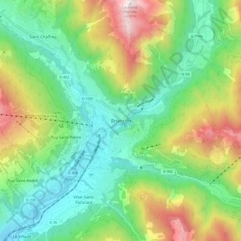 Mapa topográfico Briançon, altitud, relieve