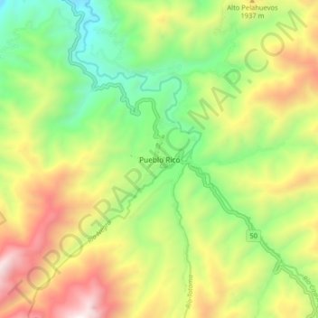 Mapa topográfico Pueblo Rico, altitud, relieve