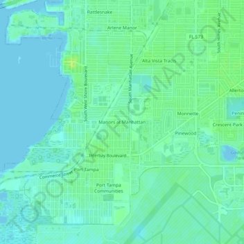 Mapa topográfico Manors at Manhattan, altitud, relieve
