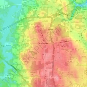 Mapa topográfico Austintown, altitud, relieve