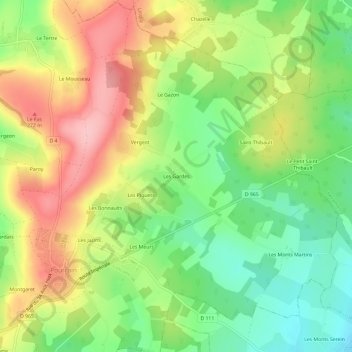 Mapa topográfico Les Gardes, altitud, relieve