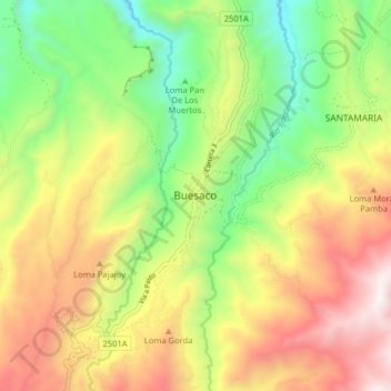 Mapa topográfico Buesaco, altitud, relieve