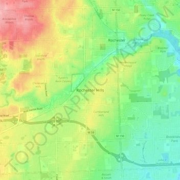 Mapa topográfico Rochester Hills, altitud, relieve