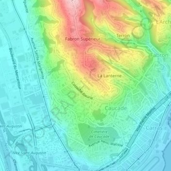 Mapa topográfico Corniche Fleurie, altitud, relieve