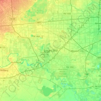 Mapa topográfico Sugar Land, altitud, relieve