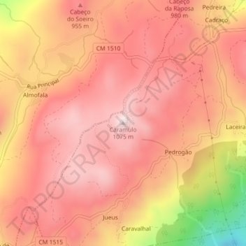 Mapa topográfico Caramulo, altitud, relieve