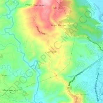 Mapa topográfico Langub, altitud, relieve