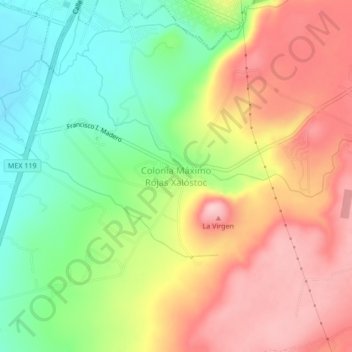 Mapa topográfico Colonia Máximo Rojas Xalóstoc, altitud, relieve