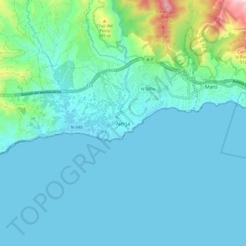 Mapa topográfico Nerja, altitud, relieve