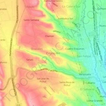 Mapa topográfico Pastocalle, altitud, relieve