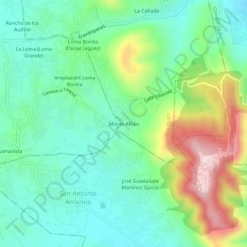 Mapa topográfico Monte Albán, altitud, relieve