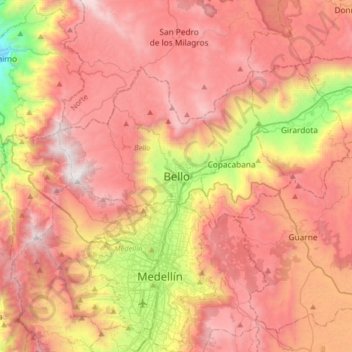 Mapa topográfico Bello, altitud, relieve
