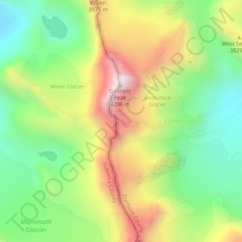 Mapa topográfico Wind River Range, altitud, relieve