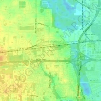 Mapa topográfico Marietta, altitud, relieve