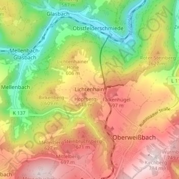 Mapa topográfico Lichtenhain, altitud, relieve