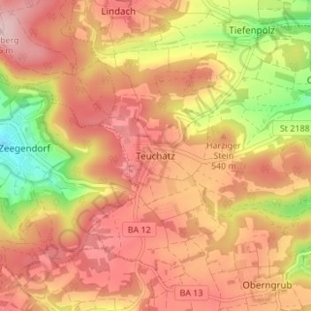 Mapa topográfico Teuchatz, altitud, relieve