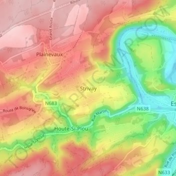 Mapa topográfico Strivay, altitud, relieve