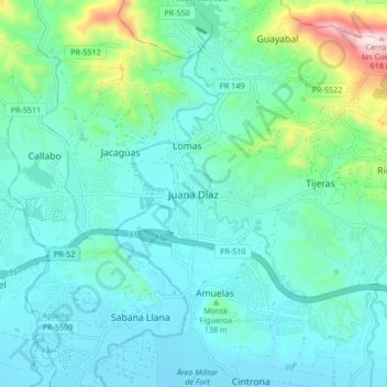 Mapa topográfico Juana Díaz, altitud, relieve