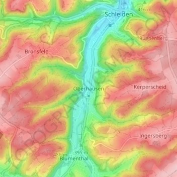 Mapa topográfico Oberhausen, altitud, relieve