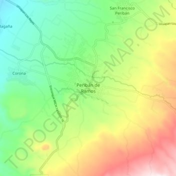Mapa topográfico Peribán de Ramos, altitud, relieve