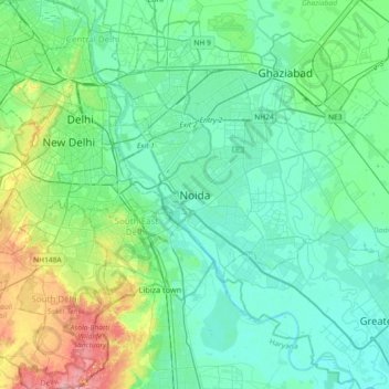Mapa topográfico Noida, altitud, relieve