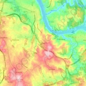 Mapa topográfico Olival, altitud, relieve