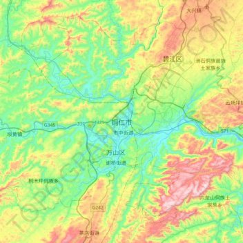 Mapa topográfico 铜仁市, altitud, relieve