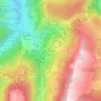 Mapa topográfico Les Colombières, altitud, relieve