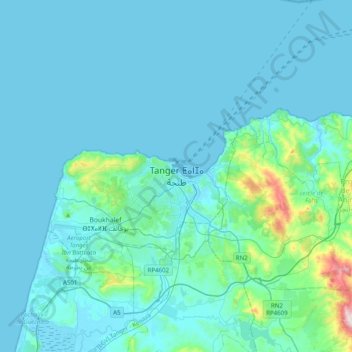 Mapa topográfico Tánger, altitud, relieve