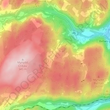 Mapa topográfico Rhiwddolion, altitud, relieve