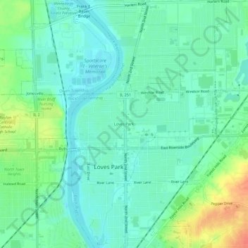 Mapa topográfico Loves Park, altitud, relieve