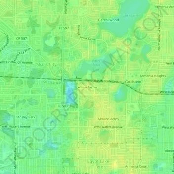 Mapa topográfico Wilma Farms, altitud, relieve