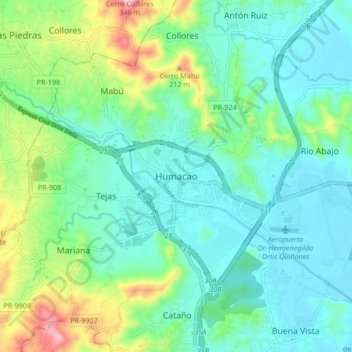 Mapa topográfico Humacao, altitud, relieve