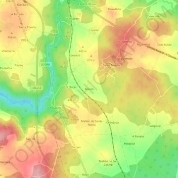 Mapa topográfico Bocelo, altitud, relieve