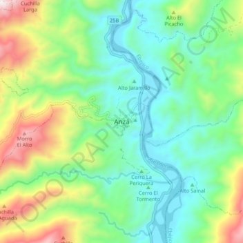 Mapa topográfico Anzá, altitud, relieve