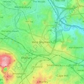 Mapa topográfico West Bromwich, altitud, relieve