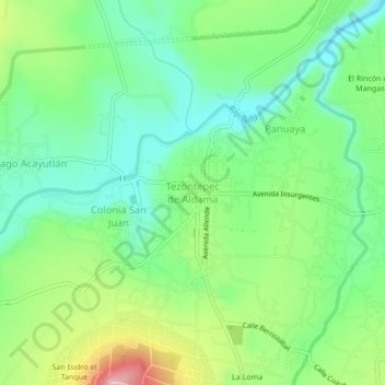 Mapa topográfico Tezontepec de Aldama, altitud, relieve