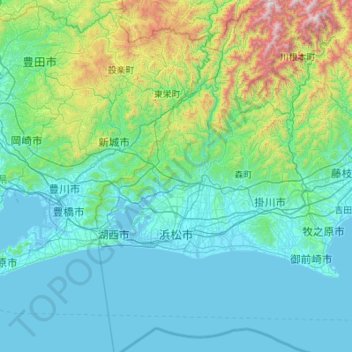 Mapa topográfico Hamamatsu, altitud, relieve