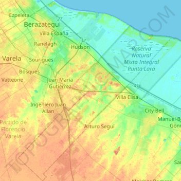 Mapa topográfico Partido de Berazategui, altitud, relieve