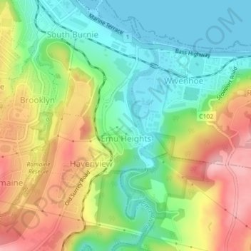 Mapa topográfico Emu Heights, altitud, relieve