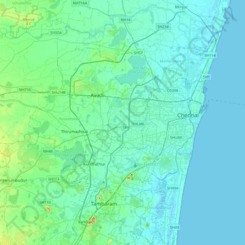 Mapa topográfico Chennai metropolitan area, altitud, relieve