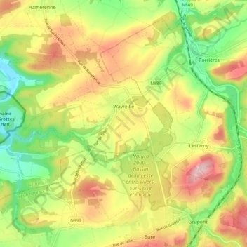 Mapa topográfico Wavreille, altitud, relieve