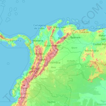 Mapa topográfico Colombia, altitud, relieve