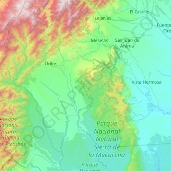 Mapa topográfico Mesetas, altitud, relieve