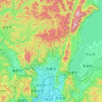 Mapa topográfico Kyoto, altitud, relieve