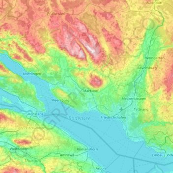 Mapa topográfico Bodenseekreis, altitud, relieve